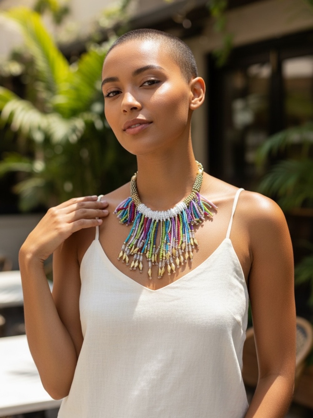 Chico's Gold-Tone Multicolor Seed Bead Fringe Necklace-Metal Hoop Earrings - Picture 4 of 4